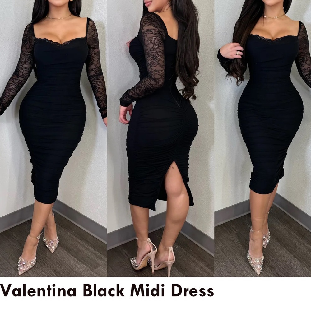 Black long sleeve lace midi dress